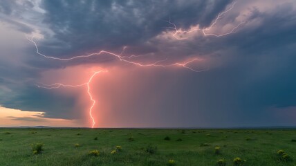Bright lightning strikes across a stormy sky over a green field
