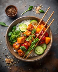 Photo of a vibrant and healthy poke bowl filled with fresh salmon, crisp vegetables, and fluffy rice, elegantly presented with chopsticks for a delicious meal