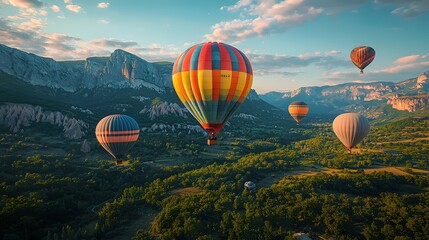 Obraz premium Vibrant hot air balloons soaring over majestic mountains