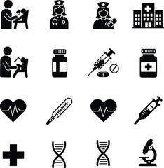 Medical and Healthcare Black Silhouette Icon Set - Vector Collection of Doctor, Nurse, Patient, Hospital Building, Pills, Syringe, Heartbeat, Thermometer, Cross, DNA, and Microscope Signs.