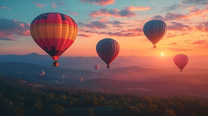 Obraz premium Vibrant hot air balloons drifting over majestic mountains at sunset