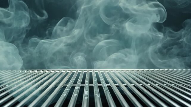 Sizzling sounds fill the air as smoke rises from the grill, hinting at tasty dishes being prepared outdoors in a vibrant setting