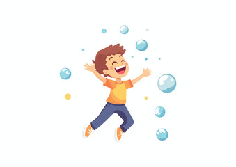 Fototapeta premium Happy Child Playing with Soap Bubbles A Joyful Little Boy Jumping and Catching Floating Bubbles Isolated on White Background Vector Illustration for Kids