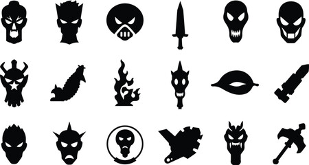 Evil & Fantasy Icon Set: Skulls, Monsters, Weapons, Flames & More – Vector Illustrations for Gaming, Halloween, Dark Art, and Spooky Designs.