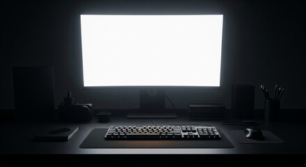 A brightly lit computer monitor dominates a dark desk setup with a gaming keyboard, mouse, and peripherals in a dimly lit room.
