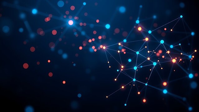 Abstract data visualization with glowing nodes in dark blue space, modern tech aesthetic.