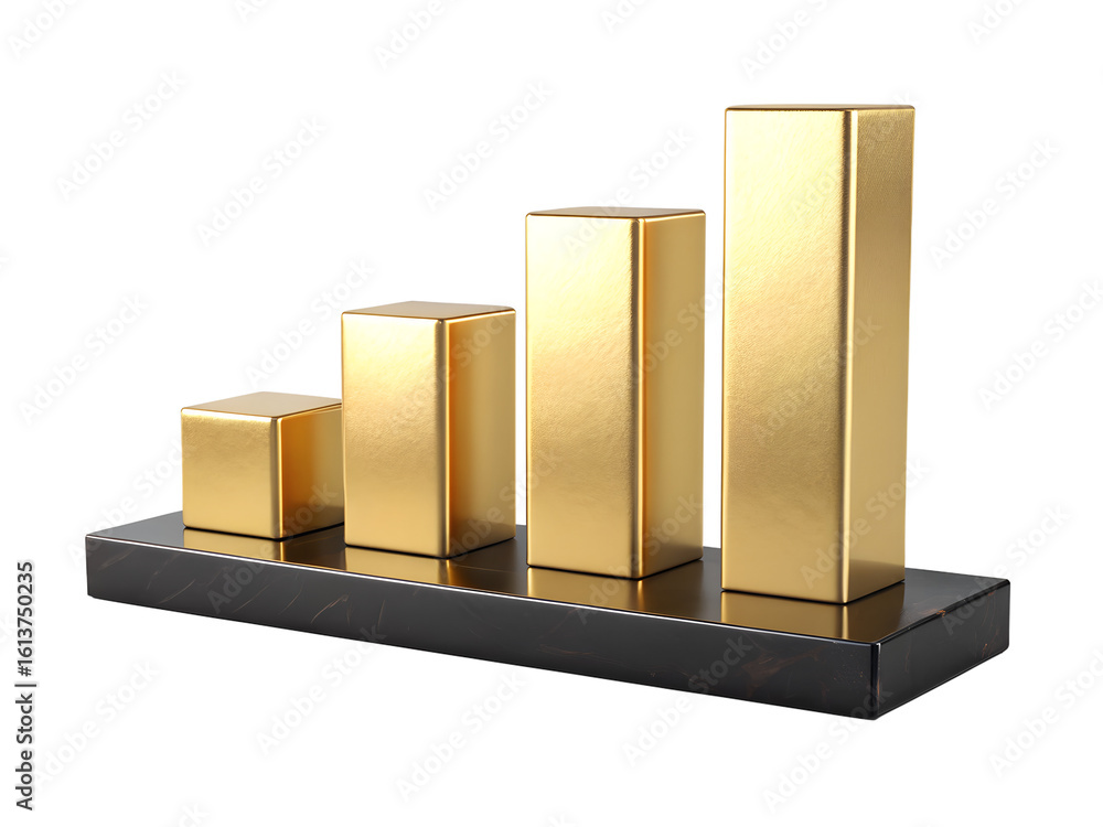 Poster golden bar graph with increasing height on a dark marble base isolated on a transparent background