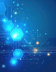 Obraz premium Abstract blue digital circuit board with hexagonal patterns and glowing nodes representing technology and connectivity.
