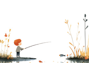 Cute Boy Fishing by the River with Reeds and Flowers Vector Illustration Perfect for Childrens Books Nature Themes and Outdoor Activities