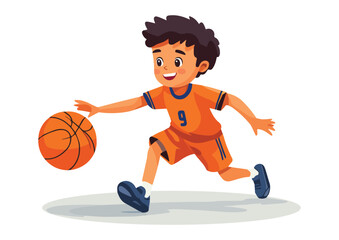 Happy Boy Playing Basketball Dribbling Ball Vector Illustration Isolated on White Background