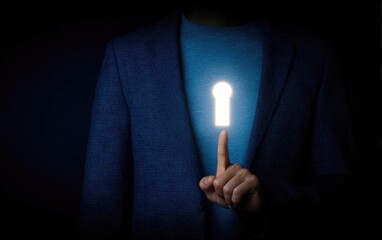 Person in dark suit, glowing keyhole, fingertip