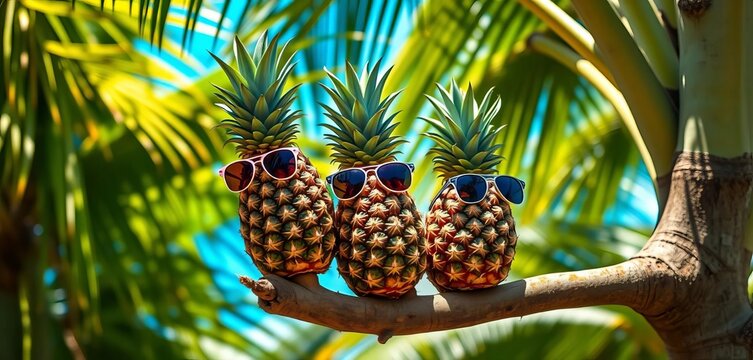 Three pineapples in sunglasses perched on a tree branch, sunny tropical scene,  carefree,  graphic