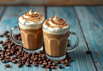 Two marshmallow-topped cappuccinos, coffee beans, chocolate on wood,  winter,  warm