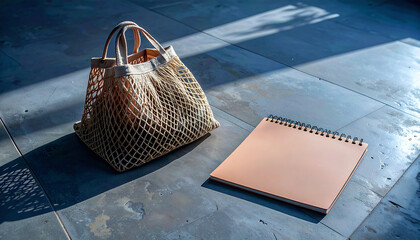 Summer flat lay on a concrete background Peach notepad and an eco-friendly mesh shopping bag