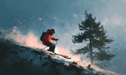 Skier Gliding Down Snowy Slope with Pine Tree in Background