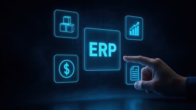 A digital interface displays floating icons like ERP elements, Enterprise Resource Planning System, erp, sap