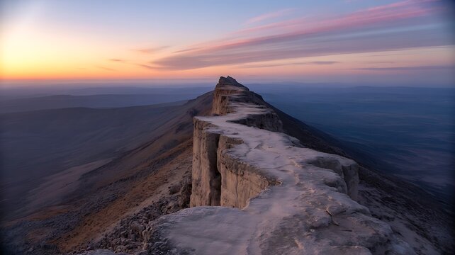 Jagged mountain ridge at sunrise with pastel sky dawn