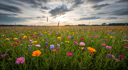 Vibrant wildflower field in bloom during sunset with colorful blossoms in a rural landscape