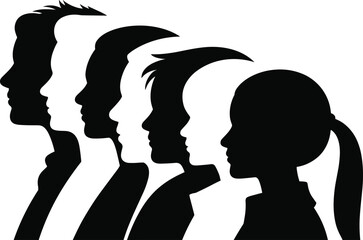 Silhouette of diverse people side profile faces, male and female head profiles, group crowd illustration, multiple persons side view black vector