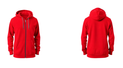 Red hoodie with zipper in front and back view, mockup isolated on transparent background