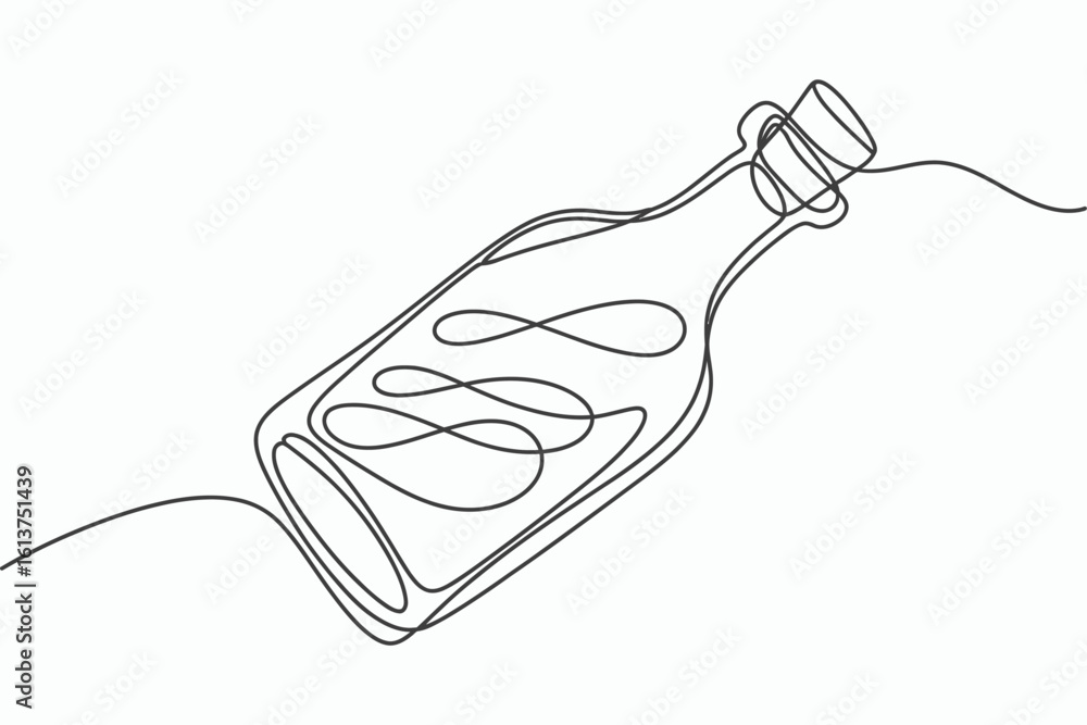 Poster continuous line drawing of a bottle with infinity symbol inside isolated on white background