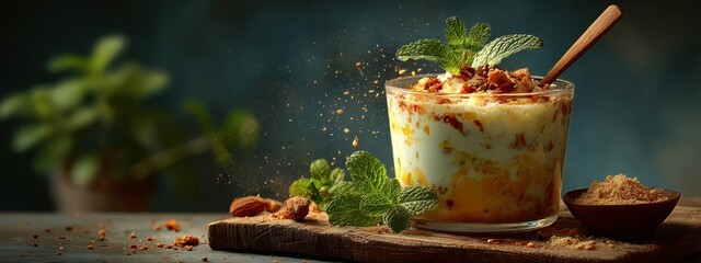 Creamy Dessert with Nuts and Mint Leaves in Glass Bowl on Table