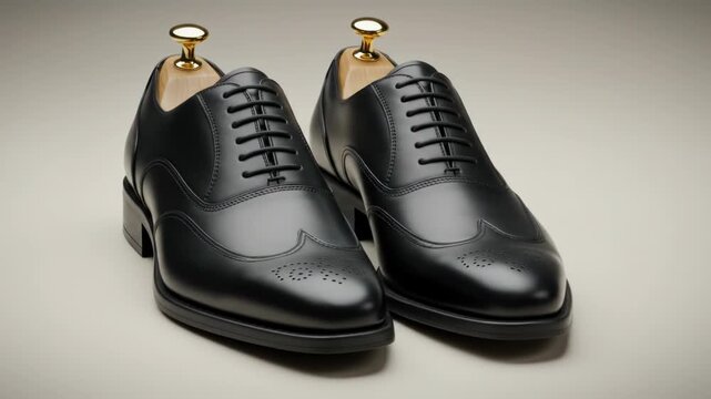 Two black leather wingtip dress shoes with wooden shoe trees on off-white