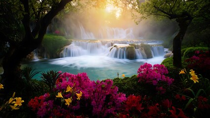 Enchanting waterfall in a lush forest with vibrant pink flowers and golden sunlight