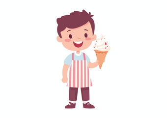 Happy boy holding ice cream cone smiling child enjoying summer treat sweet dessert vector illustration isolated on white background perfect for food and