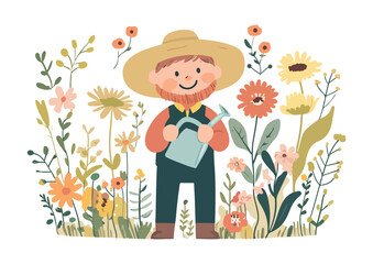 Happy gardener watering flowers in the garden vector illustration isolated on white background concept for print web design banner poster sticker card and