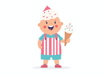 Cute Cartoon Baby Boy Holding Ice Cream Cone Smiling and Wearing Ice Cream Cone Hat Vector Illustration Isolated on White Background Concept for Childrens Book