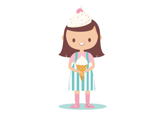 Cute Little Girl Holding Ice Cream Cone Smiling and Wearing a Cupcake Hat Vector Illustration Isolated on White Background Perfect for Summer Food and Kids