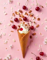 Cherry almond ice cream cone, creamy swirl with cherry halves and almond slivers