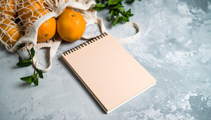 Summer flat lay on a concrete background Peach notepad and an eco-friendly mesh shopping bag