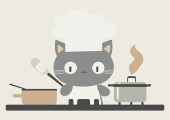 Cute gray cat chef cooking in the kitchen flat vector illustration isolated on white background for cooking food menu restaurant cafe and kids apparel design