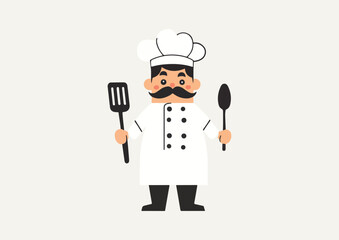 Cute cartoon chef holding spatula and spoon vector illustration isolated on gray background perfect for restaurant menu logo or food-related design projects
