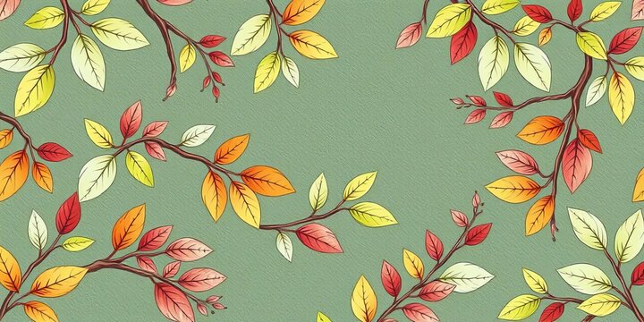 Hand-drawn leafy branches, textured background, seamless pattern,  hand-drawn,  rustic