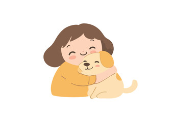 Happy Little Girl Hugging Her Adorable Puppy Dog Vector Illustration Isolated on White Background, Perfect for Children's Books, Greeting Cards, T-shirts, and