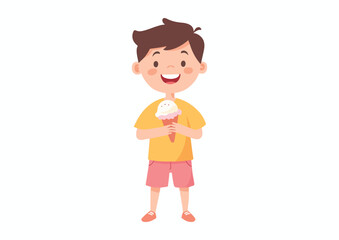 Happy Boy Eating Ice Cream Cone Adorable Child Enjoying Sweet Treat Cartoon Vector Illustration Isolated on White Background for Food Advertisement Summer
