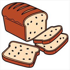 Whole baguette bread baked fresh with slices and bread roll. Appetizing bakery goods outlined in food art pastry style perfect for bread and bakery visuals.
