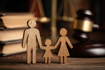 Wooden family figures, scales of justice, and law books