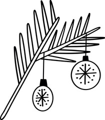 Funny Christmas twig with balls. Christmas, New year concept. Cute Hand drawn illustration