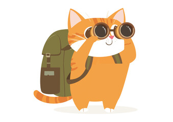 Cute ginger cat traveler with backpack and binoculars vector illustration isolated on white background safari adventure tourism and travel concept design for