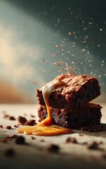 Decadent Chocolate Brownie with Drizzling Caramel Sauce on Wood