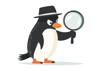 Penguin Detective with Magnifying Glass Vector Illustration Isolated on White Background Cartoon Character for Childrens Book Cover or Detective Story Design