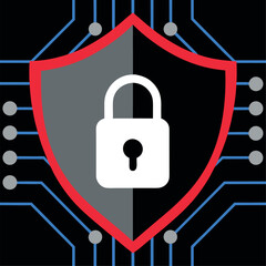 Digital Security Shield with Padlock Icon on Circuit Board Background