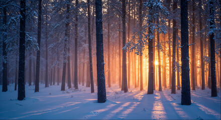 Sunlight filters through a snowy forest creating a tranquil atmosphere during winter sunset
