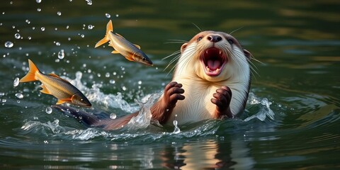 Playful otter juggling fish mid-swim, splashing water, joyful expression,  splash,  whimsical