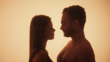 Silhouette of Intimate Couple Facing Each Other in Warm Light