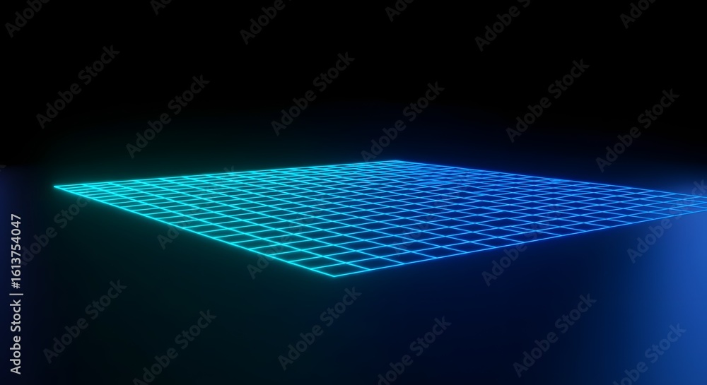 Poster abstract glowing grid pattern in shades of blue and teal against a dark background, creating a futur